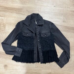 Free People Black Lace-Panel Denim Jacket